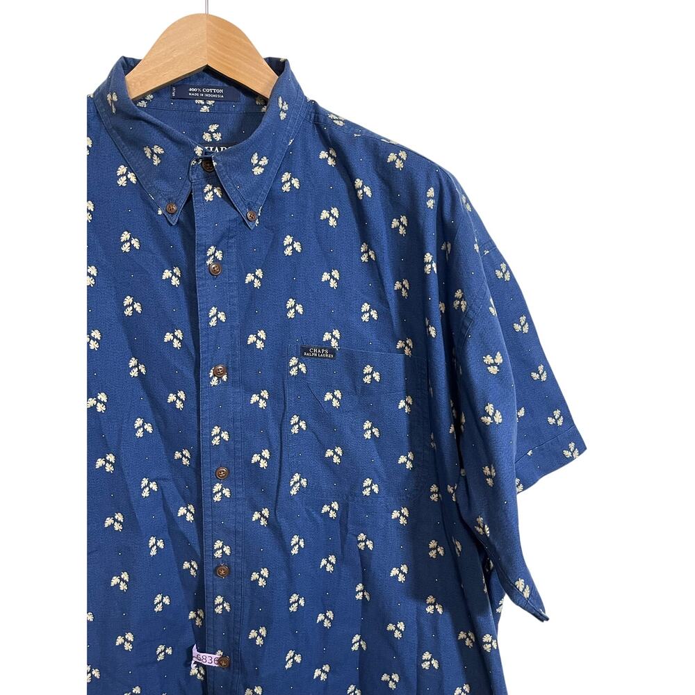 Chaps Ralph Lauren Button Up Shirt Mens XL Blue Leaf Print 100% Cotton
